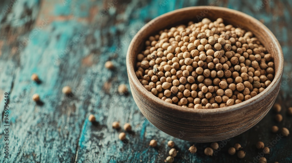 Close-up of coriander seeds in a simple bowl, placed on a wooden table. A natural, rustic setup ideal for food and ingredient-focused designs. Close-up of coriander seeds in a simple bowl, placed on a wooden table. A natural, rustic setup ideal for food and ingredient-focused designs.