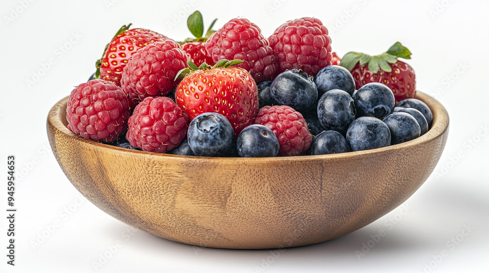 A vibrant assortment of fresh raspberries, strawberries, and blueberries in a wooden bowl on a light background A vibrant assortment of fresh raspberries, strawberries, and blueberries in a wooden bowl on a light background