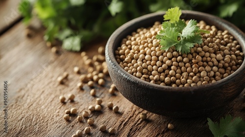 Close-up of coriander seeds in a simple bowl on a rustic wooden surface. A natural and textured scene, ideal for ingredient-focused photography.