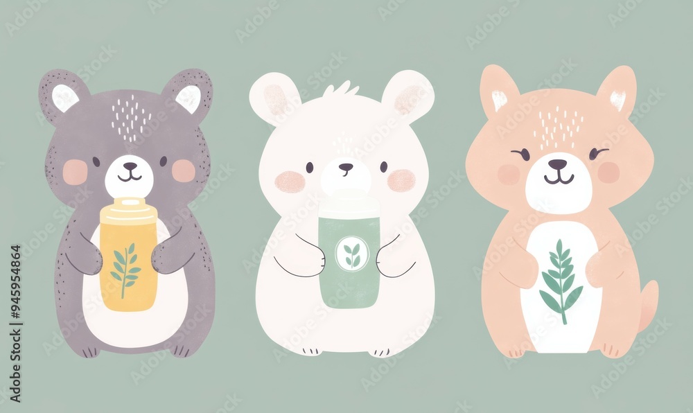 Cute animals holding eco-friendly products in pastel shades while promoting sustainability in a cheerful setting. Cute animals holding eco-friendly products in pastel shades while promoting sustainability in a cheerful setting.