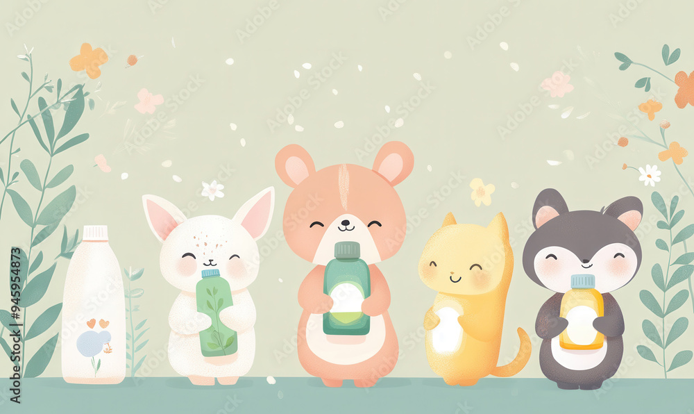 Cute animals holding eco-friendly products in pastel shades while promoting sustainability in a cheerful setting. Cute animals holding eco-friendly products in pastel shades while promoting sustainability in a cheerful setting.