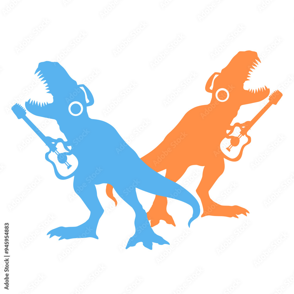 Two T. Rex Tyrannosaurus Dinosaur Predator 2 Dino Friends Team Headphone Roar Yell Loudly Play Electric Guitar Hard Rock Guitarist Instrument Musician Heavy Metal Musician Band Play Performance Stage