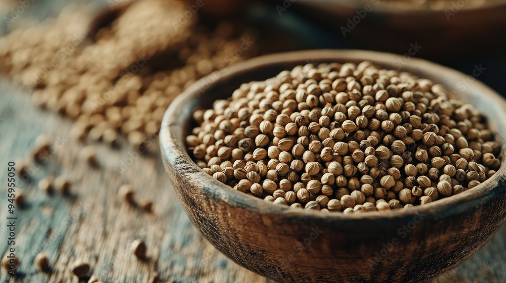 Close-up of dried coriander seeds in a rustic bowl on a wooden table. A warm, earthy scene perfect for culinary themes. Close-up of dried coriander seeds in a rustic bowl on a wooden table. A warm, earthy scene perfect for culinary themes.
