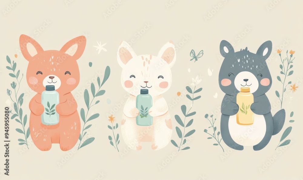Cute animals holding eco-friendly products in pastel shades while promoting sustainability in a cheerful setting. Cute animals holding eco-friendly products in pastel shades while promoting sustainability in a cheerful setting.