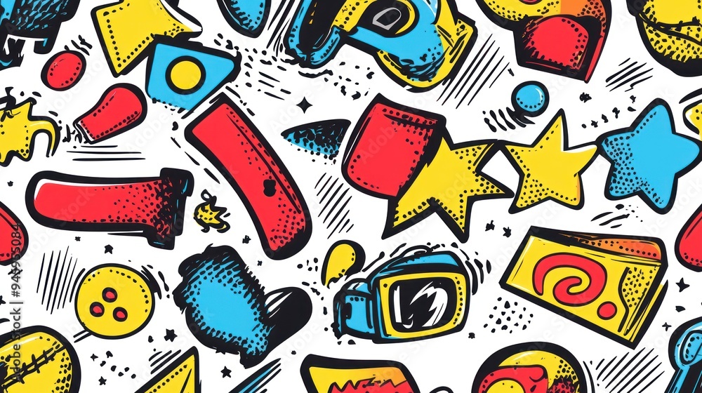 A colorful and abstract background with various shapes and symbols A colorful and abstract background with various shapes and symbols