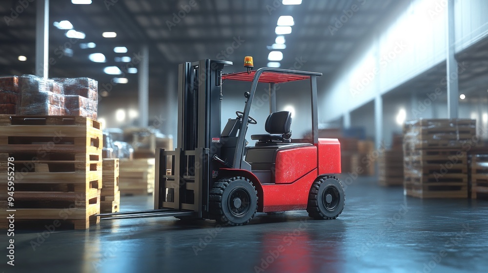 Red Forklift in a Warehouse Setting Red Forklift in a Warehouse Setting