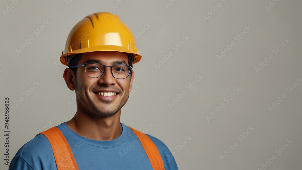 A worker portrait with yellow helmet on white background Happy labor day celebration A Labor with copy space background banner A worker portrait with yellow helmet on white background Happy labor day celebration A Labor with copy space background banner