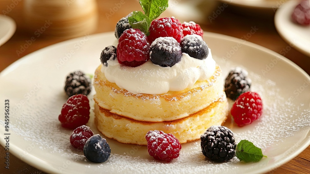 Close-up of souffle pancakes, fluffy and light, topped with cream and assorted berries, on a white plate on a wooden table, perfect for a cozy breakfast Close-up of souffle pancakes, fluffy and light, topped with cream and assorted berries, on a white plate on a wooden table, perfect for a cozy breakfast