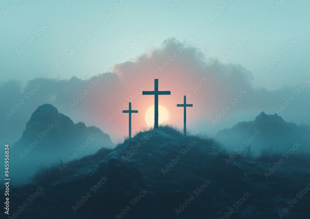 Surrealistic Easter illustration featuring three crosses atop a hill, bathed in soft light under a misty sky at dawn. Surrealistic Easter illustration featuring three crosses atop a hill, bathed in soft light under a misty sky at dawn.