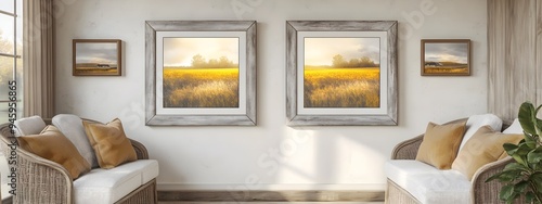 3D mockup of a weathered wood picture frame with natural fiber matting in a warm cozy farmhouse style living room interior  The scene features a golden glow and serene countryside ambiance