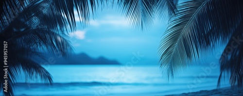 Beautiful defocused beach background framed by palm trees at twilght photo