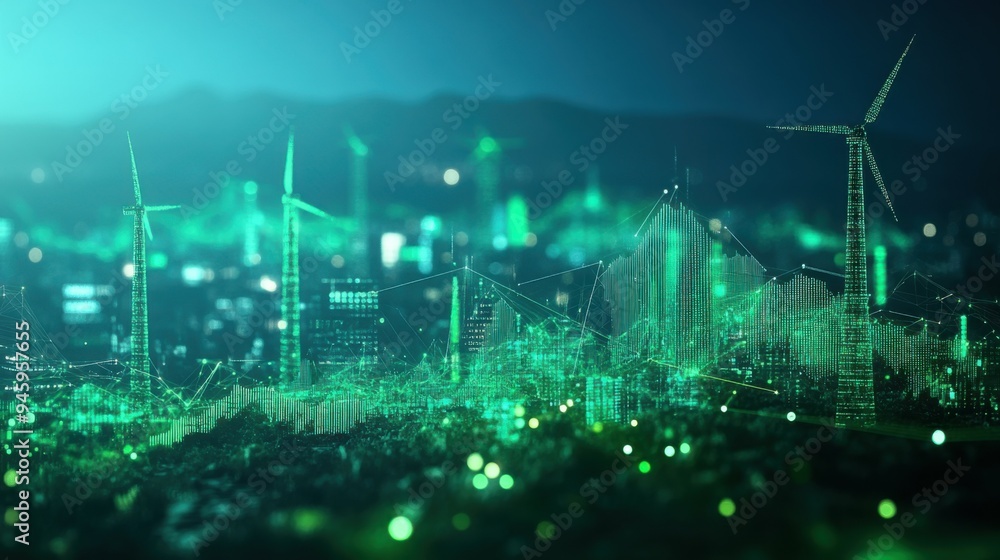 Fototapeta premium This vibrant digital landscape depicts advanced analytics for green energy and stock market trends, featuring wind turbines and upward trending graphs, signaling growth in sustainability