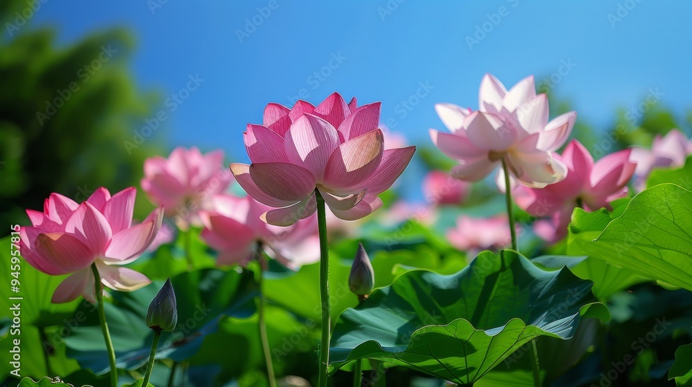 Serene Lotus Flowers Blooming in a Lush Garden Oasis under Clear Blue Skies Serene Lotus Flowers Blooming in a Lush Garden Oasis under Clear Blue Skies