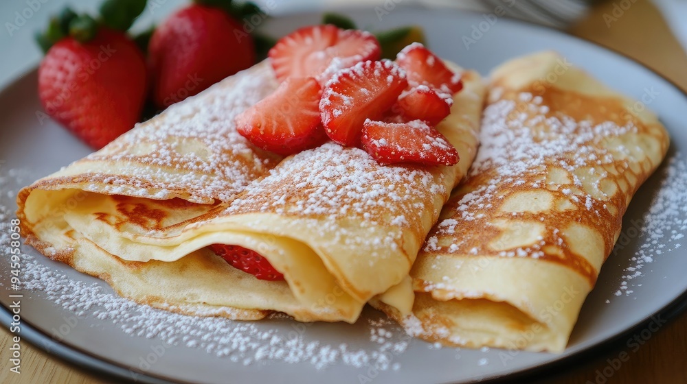 Crepes filled with a sweet and tangy mixture of sour cream and strawberries, served on a plate, with a sprinkle of powdered sugar on top Crepes filled with a sweet and tangy mixture of sour cream and strawberries, served on a plate, with a sprinkle of powdered sugar on top