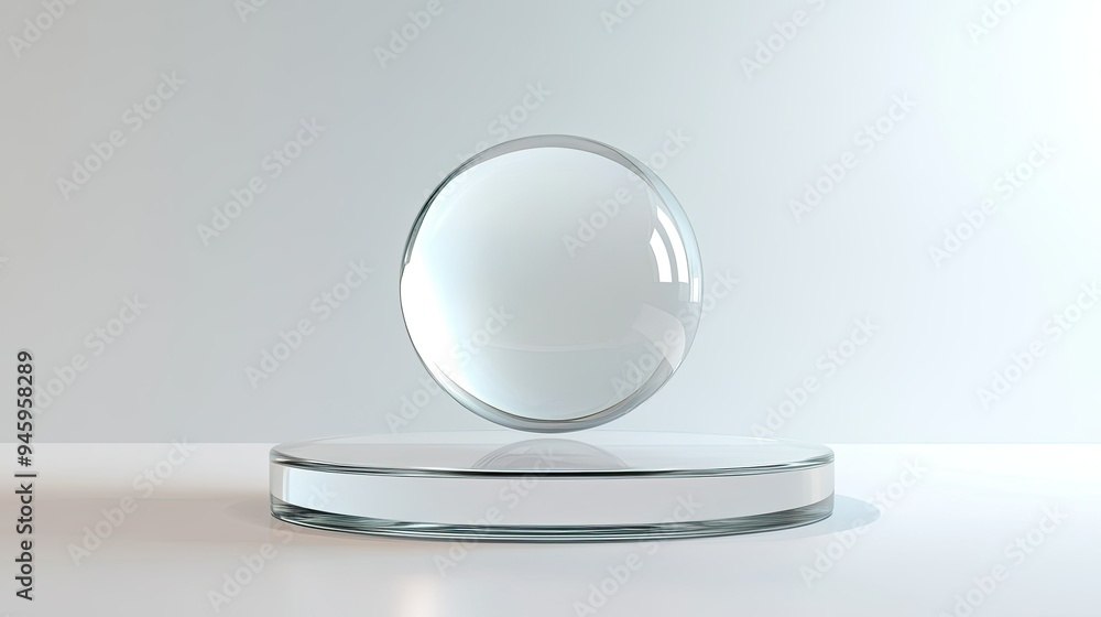 Crisp 3D illustration of a clear glass sphere atop a circular platform, set against a white background with room for text. Crisp 3D illustration of a clear glass sphere atop a circular platform, set against a white background with room for text.