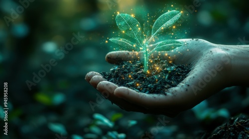 A hand nurturing a young plant surrounded by a mystical glow representing environmental and social governance in sustainable business practices. photo