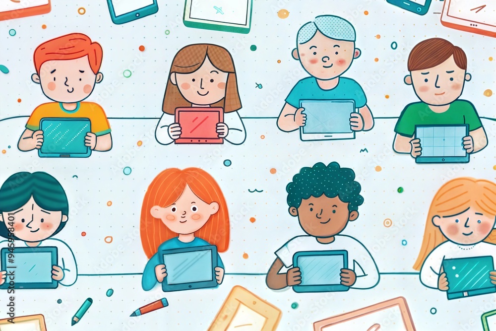 Diverse Students Using Tablets in Classroom in Flat Illustration Style Diverse Students Using Tablets in Classroom in Flat Illustration Style