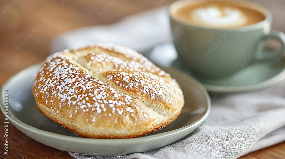 A couple of doughnuts sit atop a plate beside a cup of cappuccino A couple of doughnuts sit atop a plate beside a cup of cappuccino