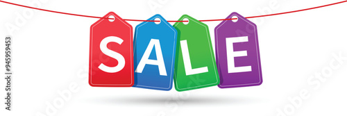 Colourful hanging sales tags with transparent shadow. Colorful hang sale tags for business promotion.