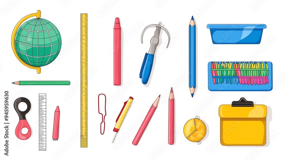 Collection of colorful school supplies including a globe, ruler, pencils, and more, perfect for educational themes. Collection of colorful school supplies including a globe, ruler, pencils, and more, perfect for educational themes.