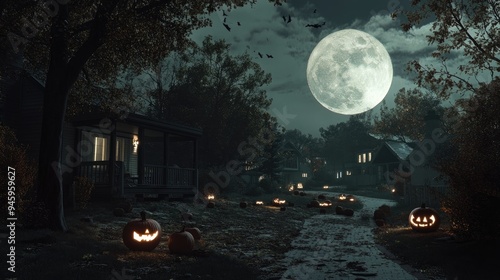 A full moon casting an eerie glow over a quiet suburban neighborhood, with glowing jack-o'-lanterns on porches and dark shadows in the trees.