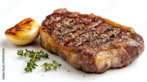 A perfectly grilled steak served with a charred onion and fresh herbs.