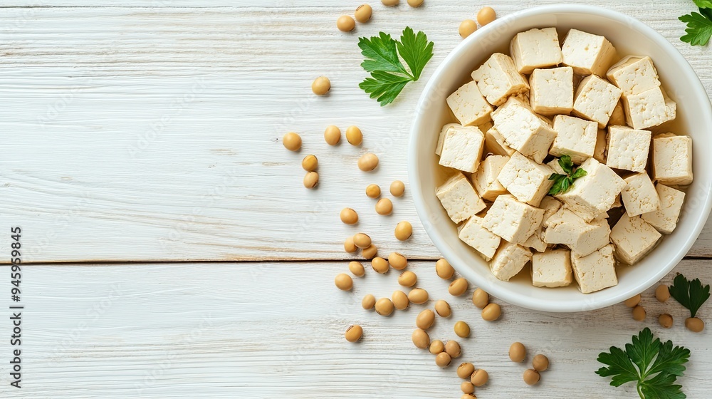 Delicious tofu cubes with soybeans on a white wooden table, designed with text space for a banner. Delicious tofu cubes with soybeans on a white wooden table, designed with text space for a banner.
