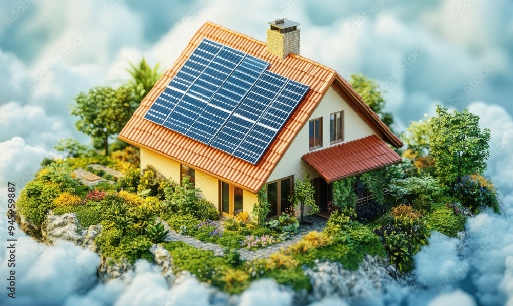 A surrealistic depiction of a sustainable home with solar panels and a vibrant garden surrounded by nature during golden hour. A surrealistic depiction of a sustainable home with solar panels and a vibrant garden surrounded by nature during golden hour.