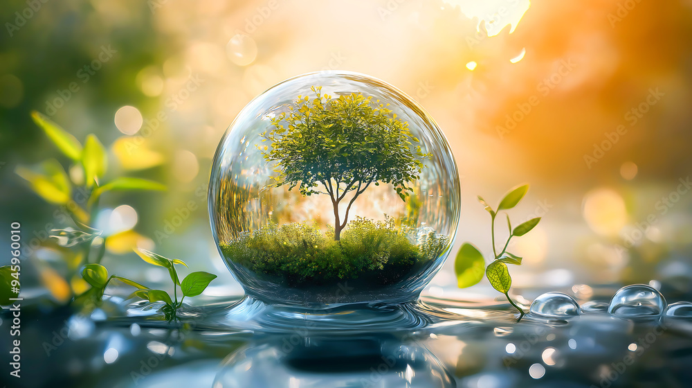 A drop of water with tree inside, A crystal glass sphere with plants growing inside A drop of water with tree inside, A crystal glass sphere with plants growing inside