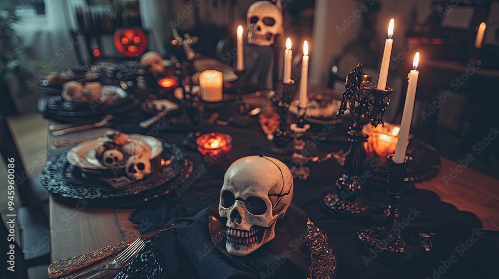 A Halloween-themed dinner table set for a spooky feast, with skull-shaped candles, black tablecloths, and ghostly decorations. A Halloween-themed dinner table set for a spooky feast, with skull-shaped candles, black tablecloths, and ghostly decorations.