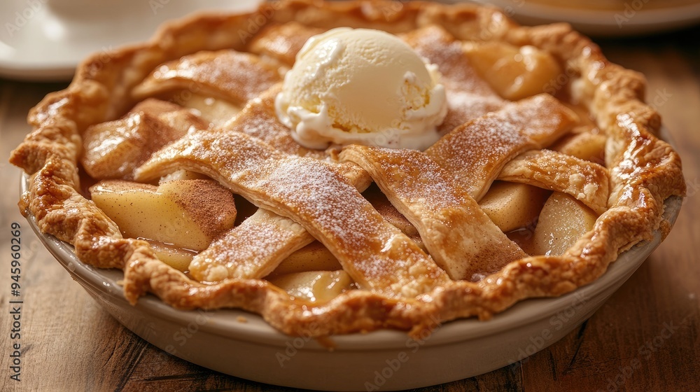 A hot, bubbling apple pie fresh out of the oven, with a golden crust and cinnamon sugar sprinkled on top, served on a rustic table with a scoop of vanilla ice cream. A hot, bubbling apple pie fresh out of the oven, with a golden crust and cinnamon sugar sprinkled on top, served on a rustic table with a scoop of vanilla ice cream.