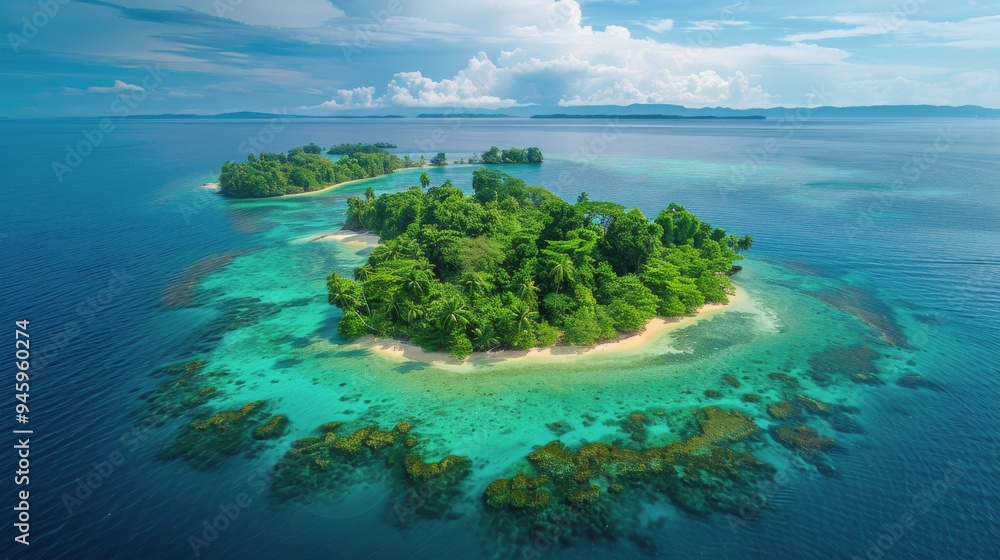 Aerial View of a Lush Tropical Island Surrounded by Turquoise Waters Aerial View of a Lush Tropical Island Surrounded by Turquoise Waters