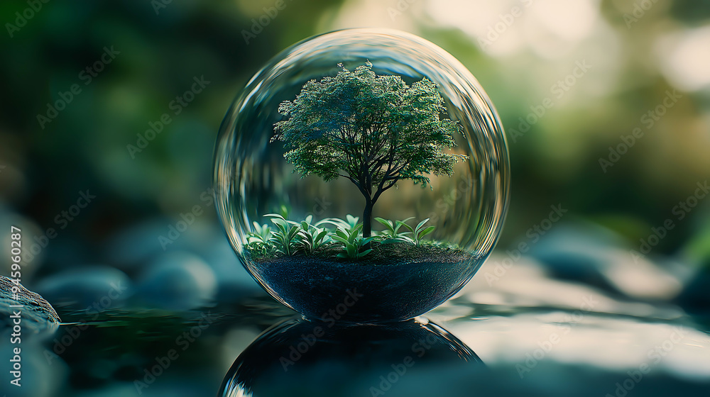 A drop of water with tree inside, A crystal glass sphere with plants growing inside A drop of water with tree inside, A crystal glass sphere with plants growing inside