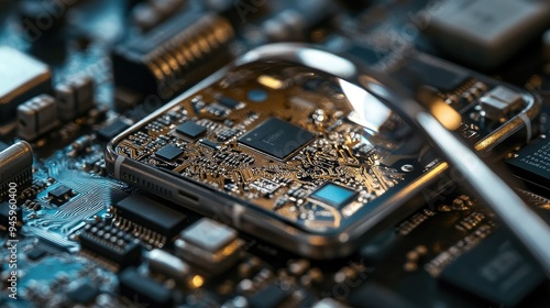 Detailed image of a smartphone circuit board being inspected under a magnifying glass, focusing on the delicate work involved in mobile repairs