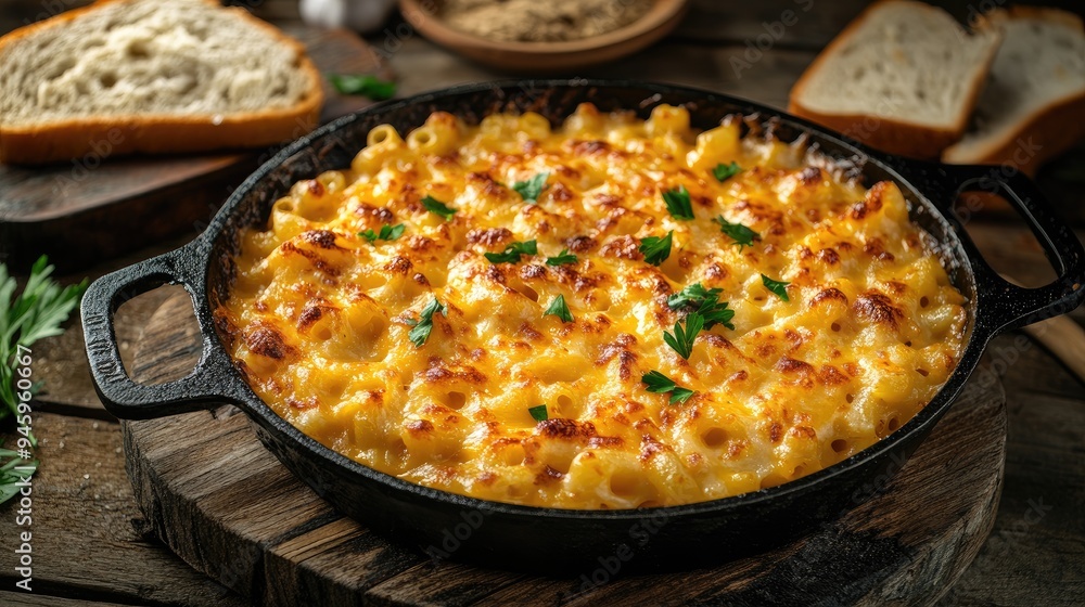 A hot skillet of cheesy macaroni and cheese, with a golden-brown crust, garnished with parsley, served on a rustic table with a side of garlic bread. A hot skillet of cheesy macaroni and cheese, with a golden-brown crust, garnished with parsley, served on a rustic table with a side of garlic bread.