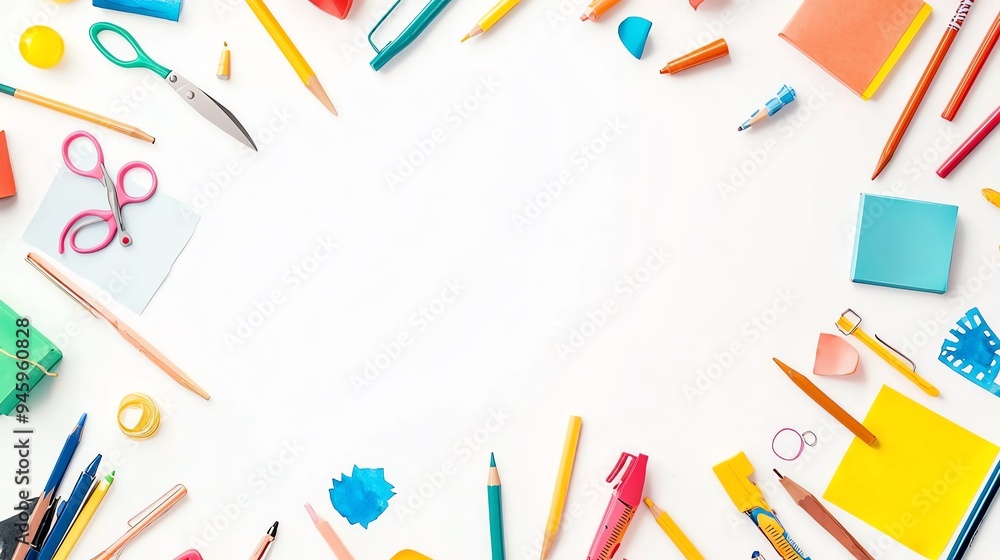 Colorful office supplies arranged around a blank space, perfect for creative projects and organizational themes. Colorful office supplies arranged around a blank space, perfect for creative projects and organizational themes.