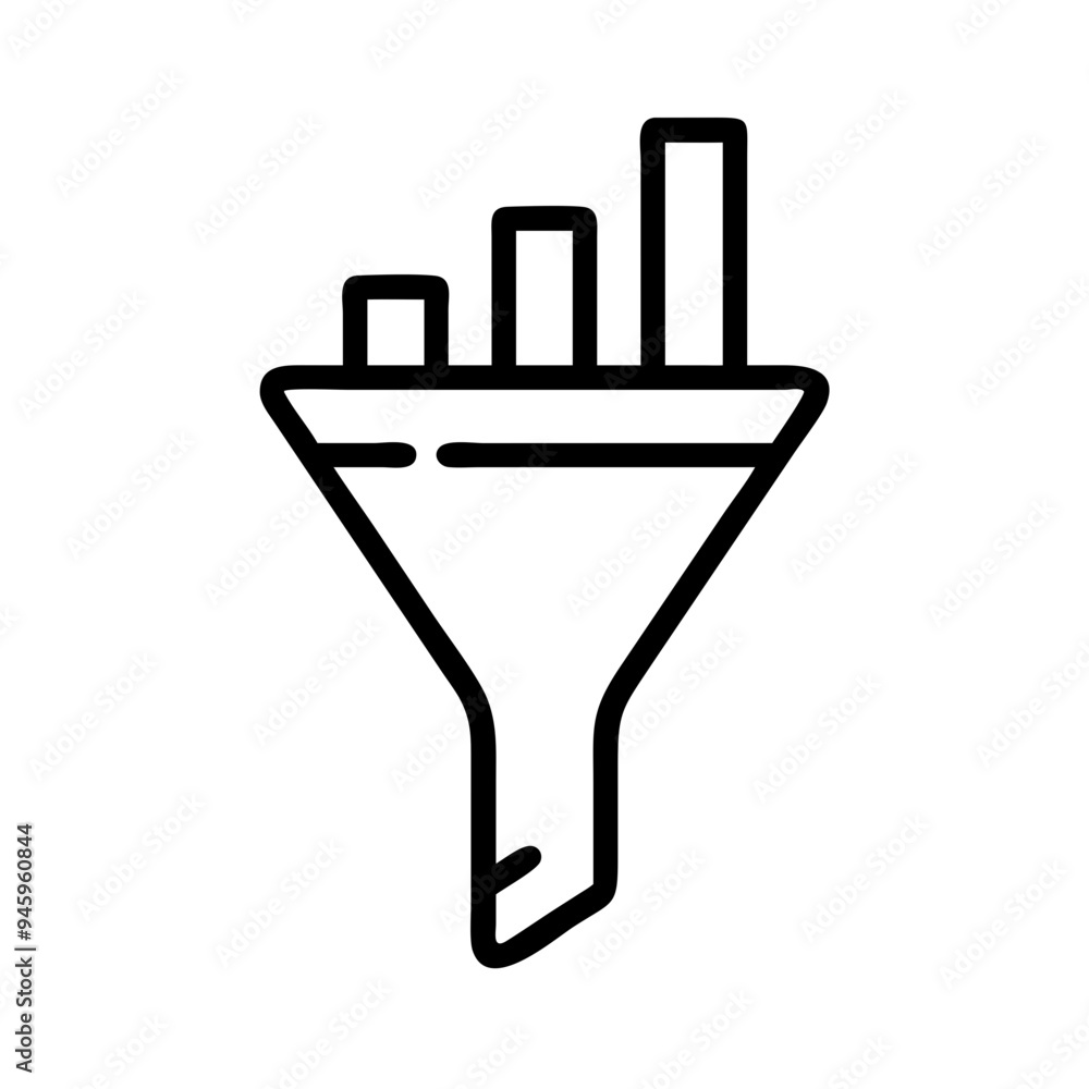 Funnel icon with a bar chart concept as A funnel icon narrowing into a bar chart isolated on a white background. This visual represents the filtration and refinement of data ideal for process improvem Funnel icon with a bar chart concept as A funnel icon narrowing into a bar chart isolated on a white background. This visual represents the filtration and refinement of data ideal for process improvem