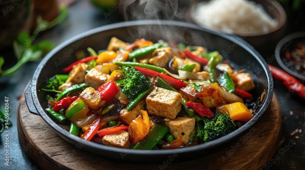 A pan of sizzling stir-fried vegetables and tofu, with steam rising and bright, vibrant colors, served with a side of jasmine rice. A pan of sizzling stir-fried vegetables and tofu, with steam rising and bright, vibrant colors, served with a side of jasmine rice.