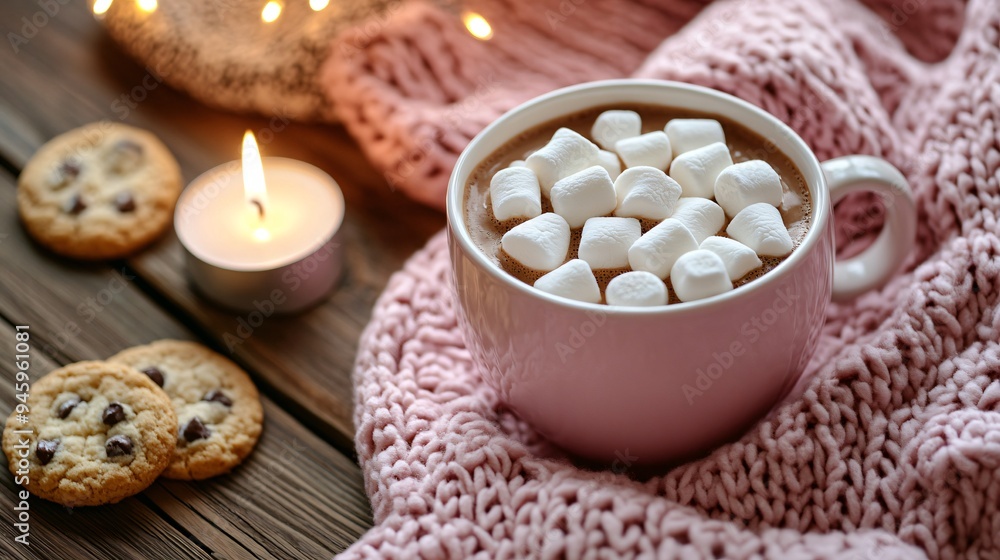 Delicious Hot Cocoa with Marshmallows in Pink Sweater and Cookies Delicious Hot Cocoa with Marshmallows in Pink Sweater and Cookies