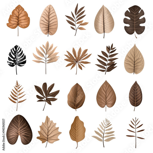 Set of multicolored autumn leaves isolated on white background 