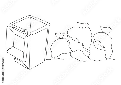 Continuous single line sketch drawing of recycle bin dustbin rubbish bin and trash garbage bag home appliance kitchenware tools one line vector illustration