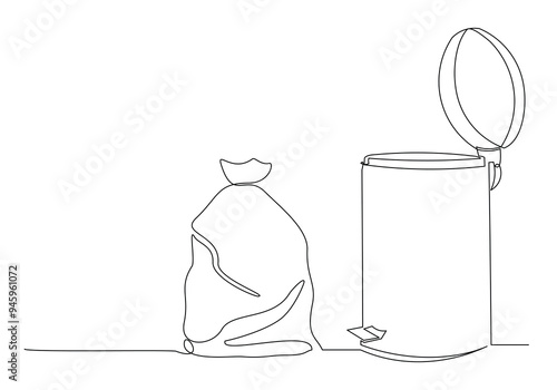 Continuous single line sketch drawing of recycle bin dustbin rubbish bin and trash garbage bag home appliance kitchenware tools one line vector illustration