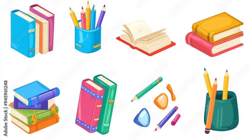 Colorful stationery collection featuring books, notebooks, pens, and pencils for school and office use. Colorful stationery collection featuring books, notebooks, pens, and pencils for school and office use.