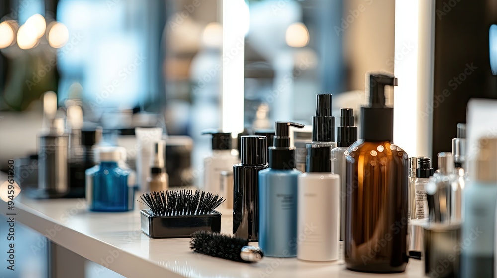 Different hair sprays and salon accessories like brushes and clips displayed on a table in a well-lit beauty salon. Different hair sprays and salon accessories like brushes and clips displayed on a table in a well-lit beauty salon.