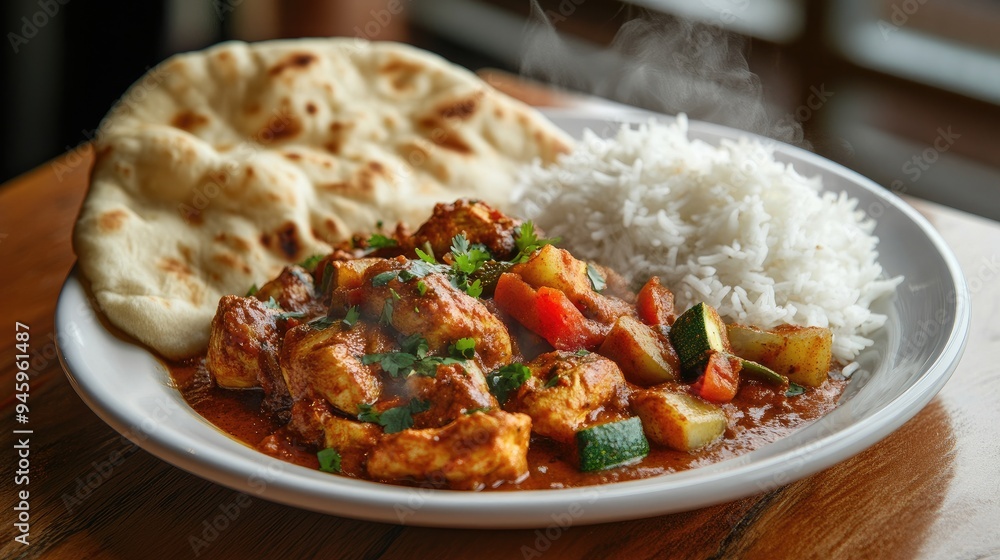 A plate of spicy curry with tender chicken, vegetables, and basmati rice, with steam rising and a side of naan bread on a wooden table. A plate of spicy curry with tender chicken, vegetables, and basmati rice, with steam rising and a side of naan bread on a wooden table.