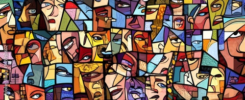 Various colored faces from around the world are depicted in a vibrant, colorful pattern of squares and shapes in various shades of blue, green, red, purple, and yellow, orange.