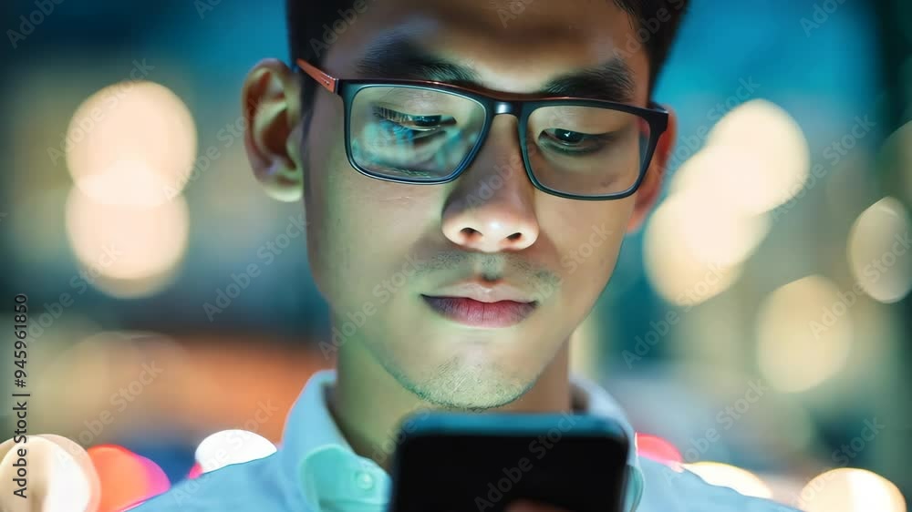 A bespectacled gentleman gazes at his cell phone, surrounded by the vibrant lights of a bustling city at night, capturing the essence of urban life and modern connectivity. A bespectacled gentleman gazes at his cell phone, surrounded by the vibrant lights of a bustling city at night, capturing the essence of urban life and modern connectivity.