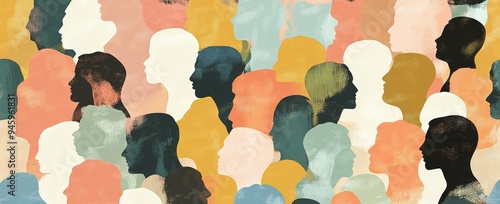 In this vibrant and colorful illustration, a variety of diverse faces are placed in geometric patterns, each with its head in stock