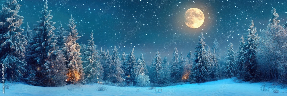 Naklejka premium Christmas background with a snowy forest scene and a bright full moon