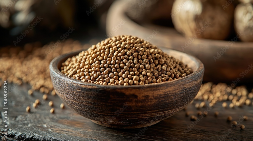 Dried coriander seeds in a small bowl on a wooden table, captured in a detailed close-up. An earthy and natural visual for culinary themes. Dried coriander seeds in a small bowl on a wooden table, captured in a detailed close-up. An earthy and natural visual for culinary themes.
